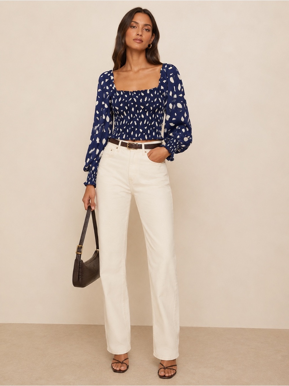 O.P.T Gisele Blue dot print balloon sleeve smocked Top
